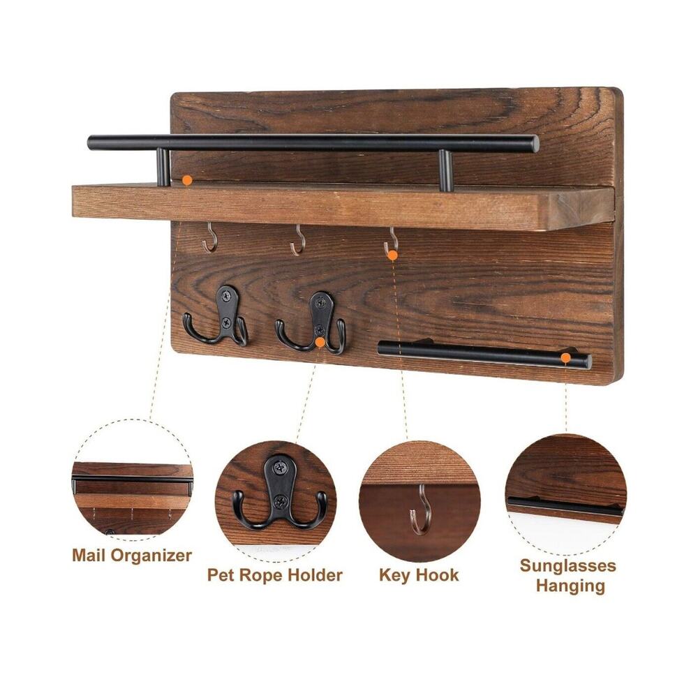 OurWarm Key Holder Brown Wall Mounted Mail Holder Shelf Wood Organizer Rustic - Picture 3 of 7
